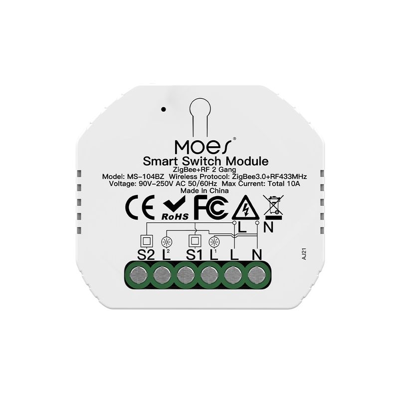 MOES ZRM-104B-MS dubbele schakelaar - Zigbee 3.0 en 433 MHz RF