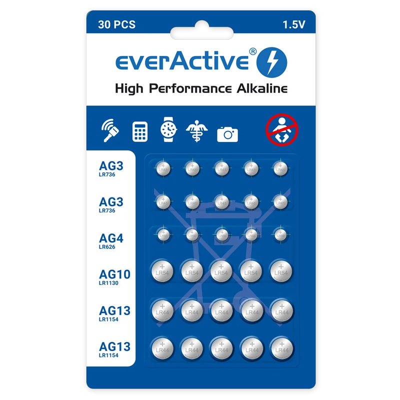 everActive AGMIX30BL alkalinebatterijenset - AG3/LR736 - 10 stuks + AG4/LR626 - 5 stuks + AG10/LR1130 - 5 stuks + AG13/LR1154 - 10 stuks